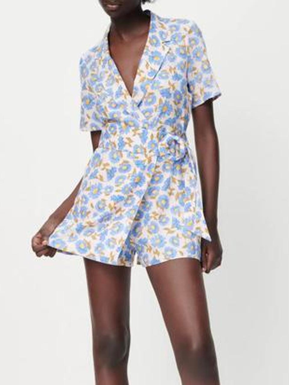 Zara Linen Floral Wrap Romper Dress in Light Blue and Yellow
